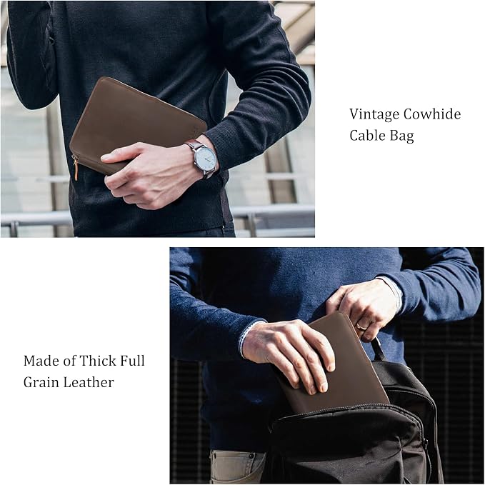 Polare Full Grain Leather Travel Cable Organizer Case Double Layer Electronics - Image 7
