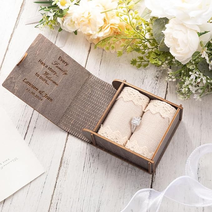 Personalized Double Ring Box – Rustic Wooden Engagement & Wedding Ring Holder - Image 3