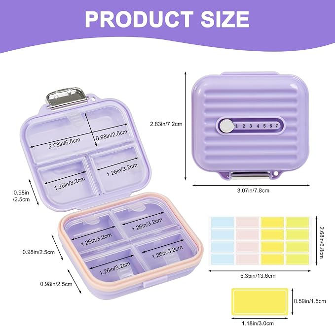 Travel Pill Organizer Box with Labels, 7 Compartments Portable Mini Pill Case - Image 2