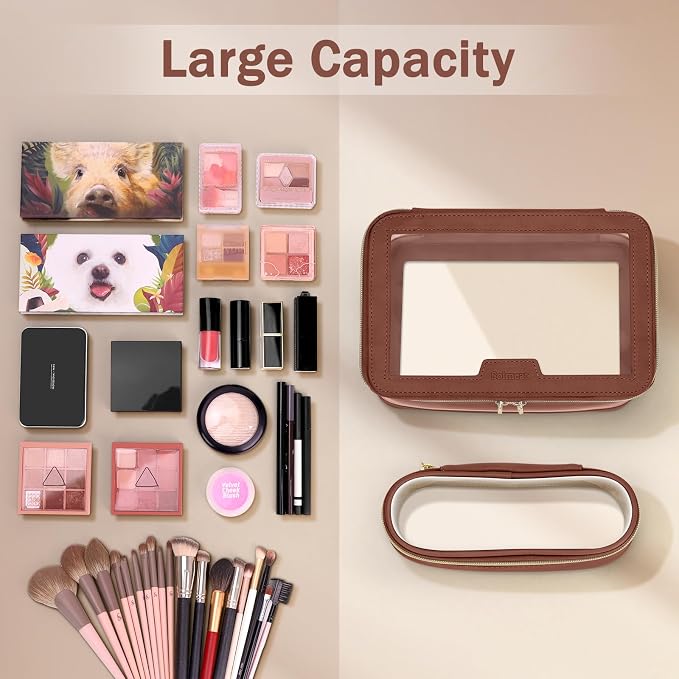 Travel Clear Makeup Bag with Makeup Brush Bag, Leather Makeup Case Toiletry Bag - Image 8