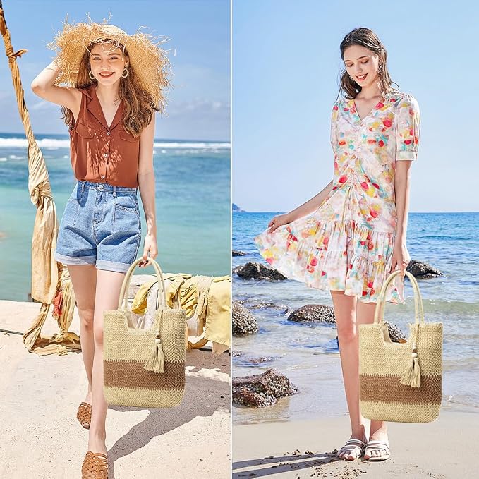 Straw Beach Bags for Women Woven Beach Tote Bag Casual Boho Large Shoulder - Image 2
