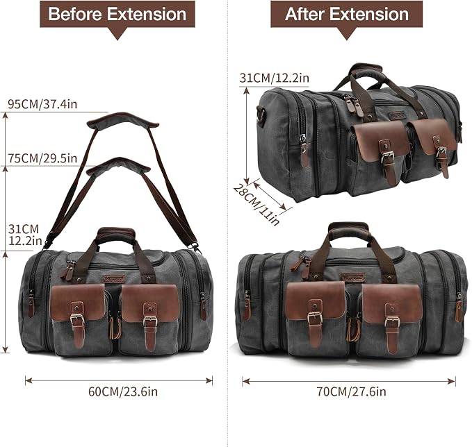 Wildroad 60L Travel Duffel Bag, Expandable Canvas Genuine Leather Duffle Bag - Image 7