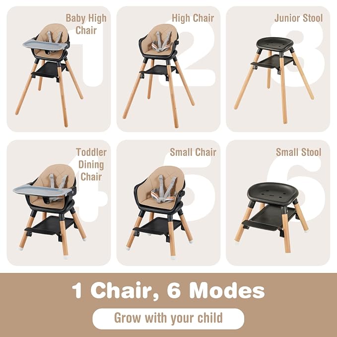 BABY JOY Baby High Chair, 6 in 1 Convertible Wooden High Chair - Image 2