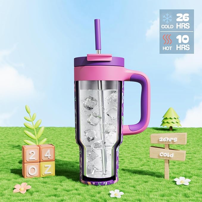24 oz Insulated Tumbler for Kids: Spill-Proof, 2-in-1 Straw Lid, Cold for 26 Hrs - Image 2