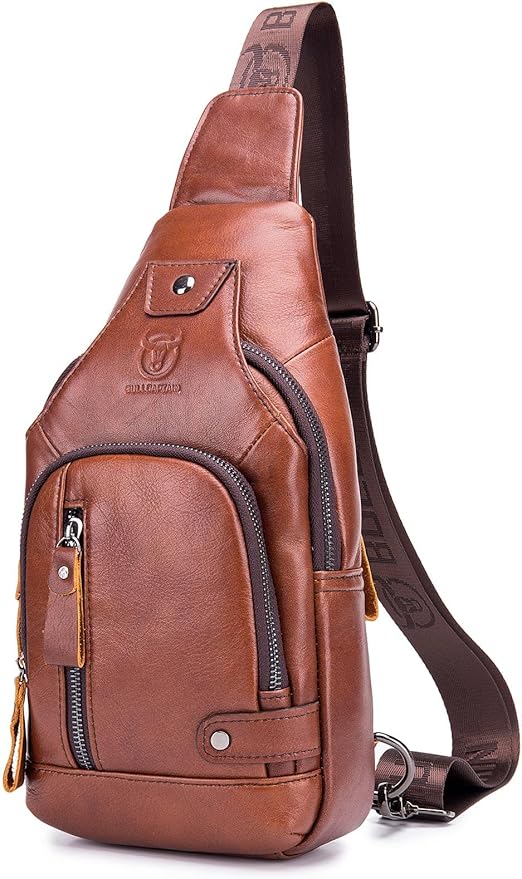 BULLCAPTAIN Leather Sling Bag Mens Chest Bag Casual Shoulder Crossbody Bags by BULLCAPTAIN