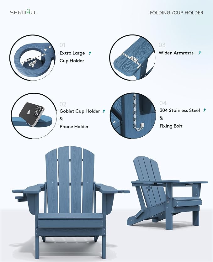SERWALL Folding Adirondack Chair, HDPE Adirondack Chairs Set of 8, Plastic - Image 8