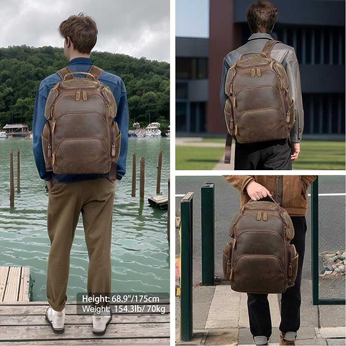 TIDING Vintage Full Grain Leather 16 Inch Laptop Backpack - Image 6