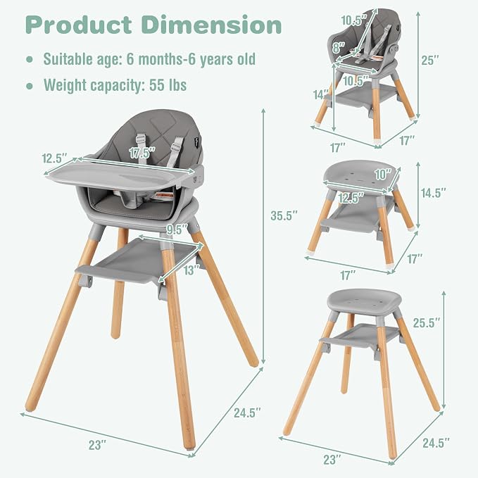 BABY JOY Baby High Chair, 6 in 1 Convertible Wooden Highchair - Image 6