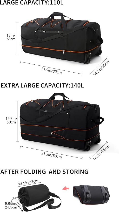 CONTAIL 32”110L Expandable 140L Rolling Duffle Bag - Image 4