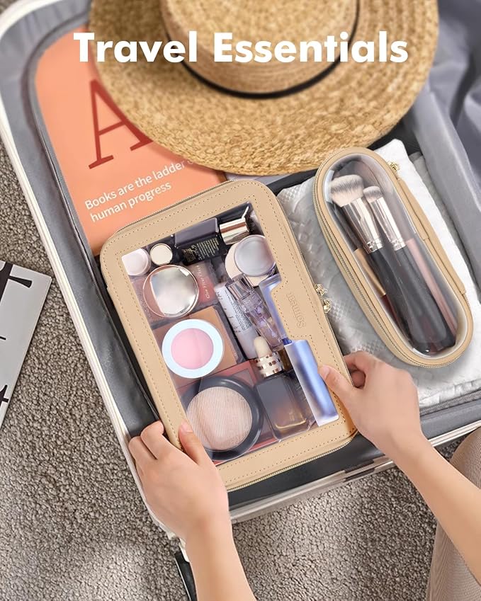 Travel Clear Makeup Bag with Makeup Brush Bag, Leather Makeup Case Toiletry Bag - Image 4