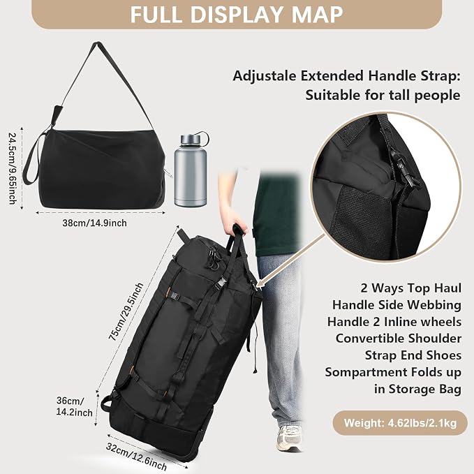 Rolling Duffle Bag with Wheels, 86L 30”Folding Duffle Backpack with 2 Wheels - Image 6