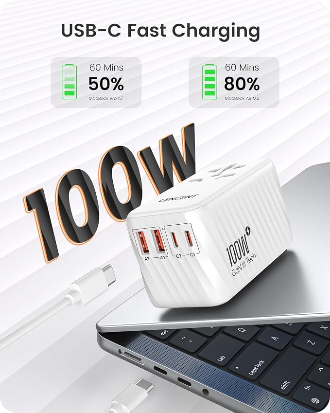LENCENT Universal Travel Adapter, 100W GaN International Fast Charger - Image 2