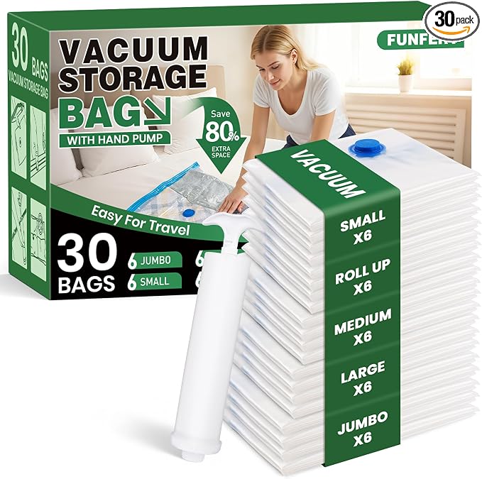 Vacuum Storage Bags, Comforters, Pillows-6 Jumbo+6 Large+6 Medium+6 Small+6 by FUNFERY