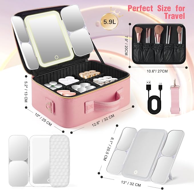 Mid-Size Makeup Bag with LED 1X5X10X20X30X Magnifying Mirror and Travel Makeup - Image 6