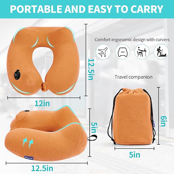 Inflatable Travel Neck Pillow for Airplane, Head Support Velvet Adult Neck - Image 2