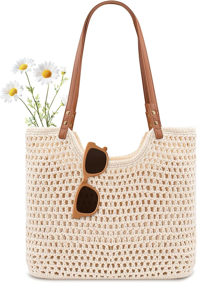 Peicees Crochet Beach Bag For Women Summer Tote Bag Boho Shoulder Bag by Peicees