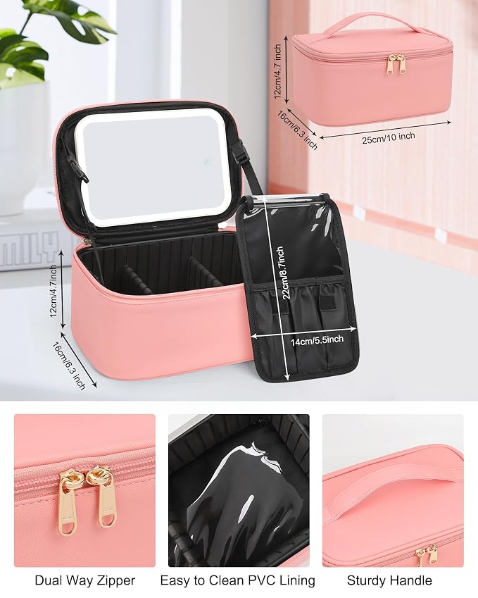 Makeup Bag With LED Mirror, Travel Makeup Bag With 3 Color Setting Light Up - Image 2