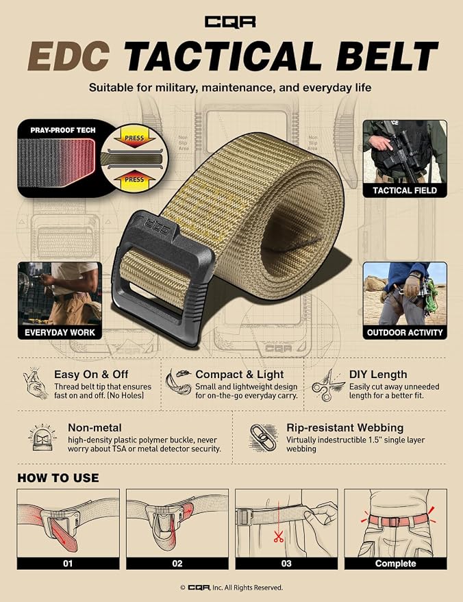 CQR Tactical Belt, Military Style Heavy Duty Belt, Webbing EDC Quick-Release - Image 5