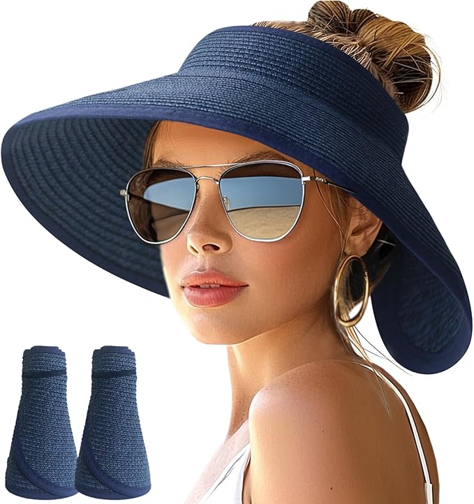 NPJY Sun Hats for Women Wide Brim Roll-Up Beach Ponytail Hat Packable Foldable by Unknown