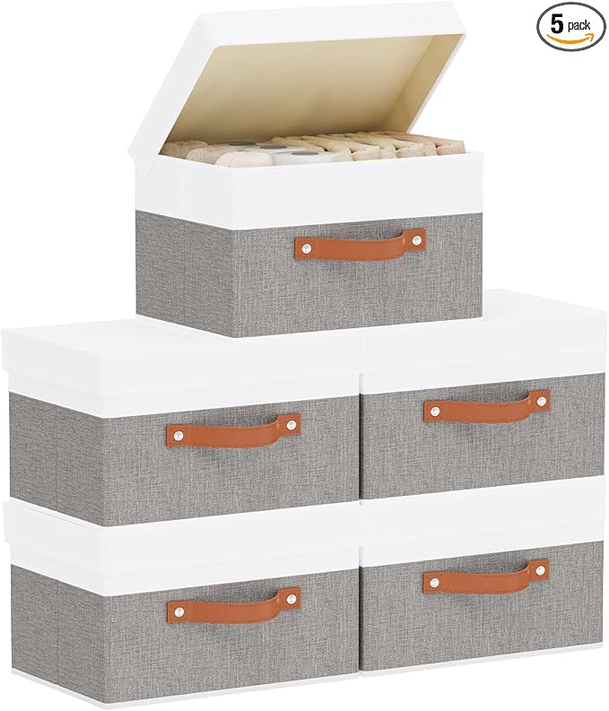 Fabric Storage Boxes with Lids, Linen Foldable Cloth Baskets, Closet Organizer by YheenLf