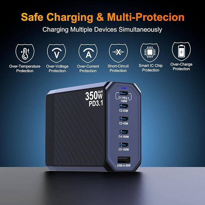 350W USB C Charger, 6-Ports PD3.1 140W Fast Charging Station, GaN Foldable - Image 7