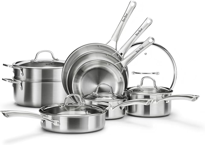 Stainless Steel Cookware Set, Tir-Ply Pots and Pans Set, PFOA Free, Frying Pans by VocVoi