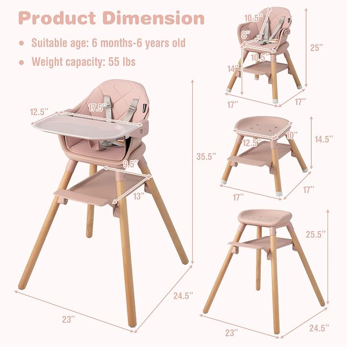 BABY JOY Baby High Chair, 6 in 1 Convertible Wooden High Chair - Image 6