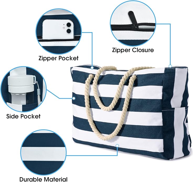 Becokan Beach Bags for Women Large Waterproof Beach Tote Bag Zipper Beach Bags - Image 3