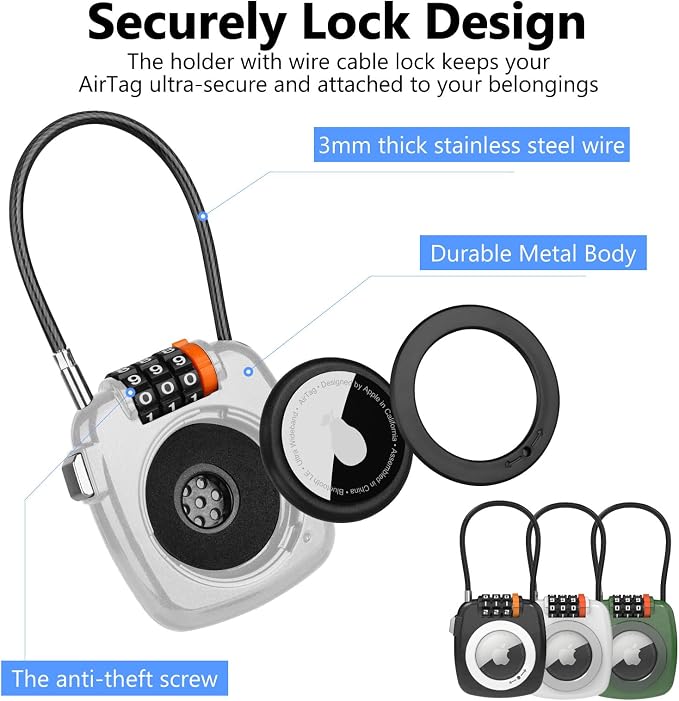 Compatible with Apple AirTag Secure Lock with Wire Cable, 3-Digit Combination - Image 5