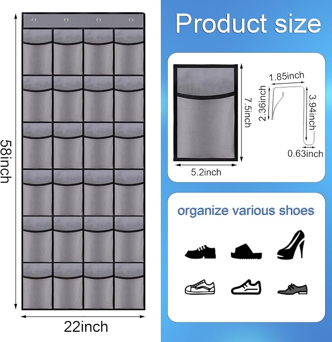 Over the Door Shoe Organizer, 24 Large Breathable Mesh Pockets, Hanging Storage - Image 2