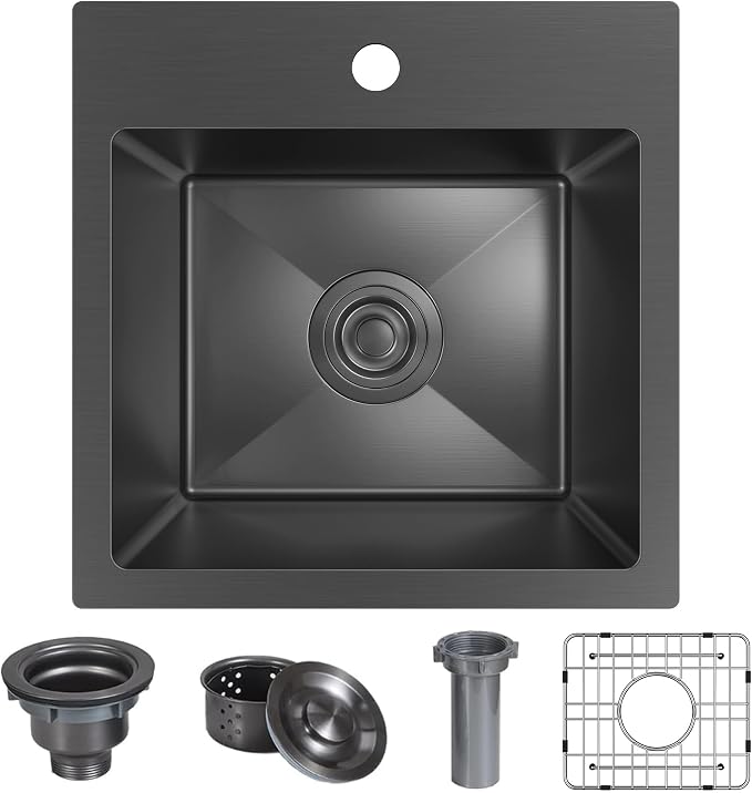 15 x 15 inch Drop in Bar Sink Black, Gunmetal Black Bar Sink 18 Gague Topmount - Image 8