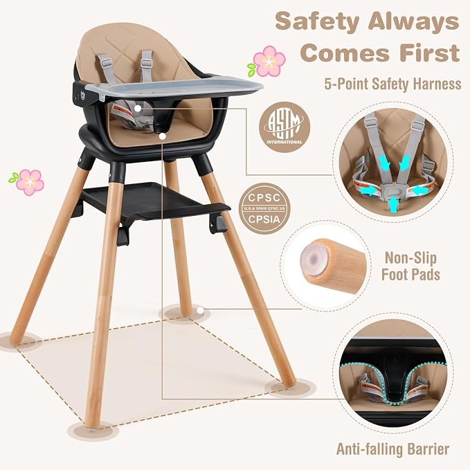 BABY JOY Baby High Chair, 6 in 1 Convertible Wooden High Chair - Image 5