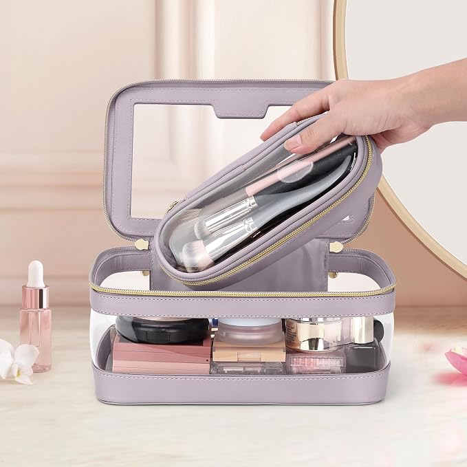 Travel Clear Makeup Bag with Makeup Brush Bag, Leather Makeup Case Toiletry Bag - Image 7