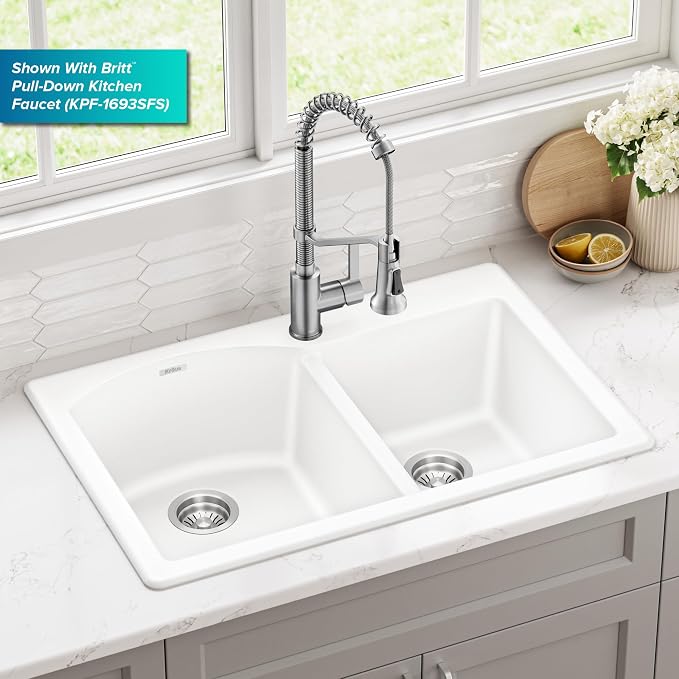 KRAUS Forteza 33-inch Granite Drop In/Undermount 60/40 Double Bowl White - Image 2