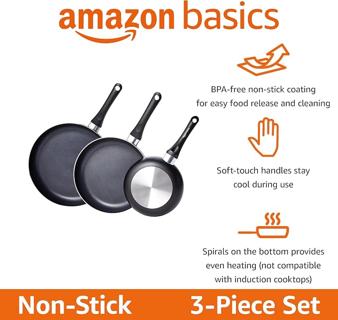 Amazon Basics Non Stick 3-Piece Kitchen Cookware Set, Includes 8-inch, 12-inch - Image 2