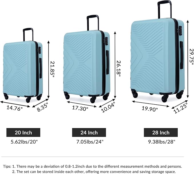 Campfun 3 Piece Luggage Sets, Hardshell ABS Luggage - Image 2