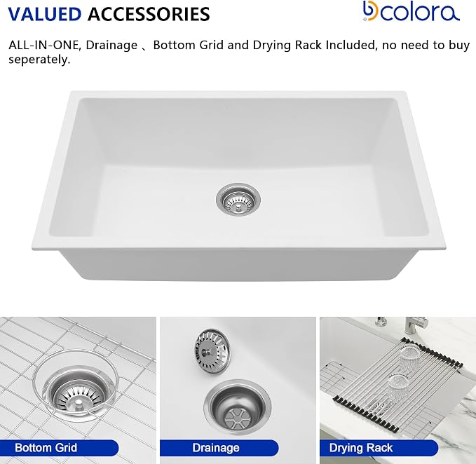 Dcolora 33" Quartz Granite Composite White Kitchen Sink Undermount Sink Deep - Image 5
