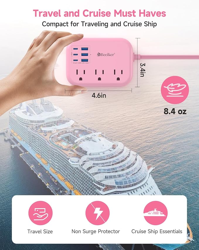 6 USB Pink Power Strip- 5Ft Pink Extension Cord - Image 4