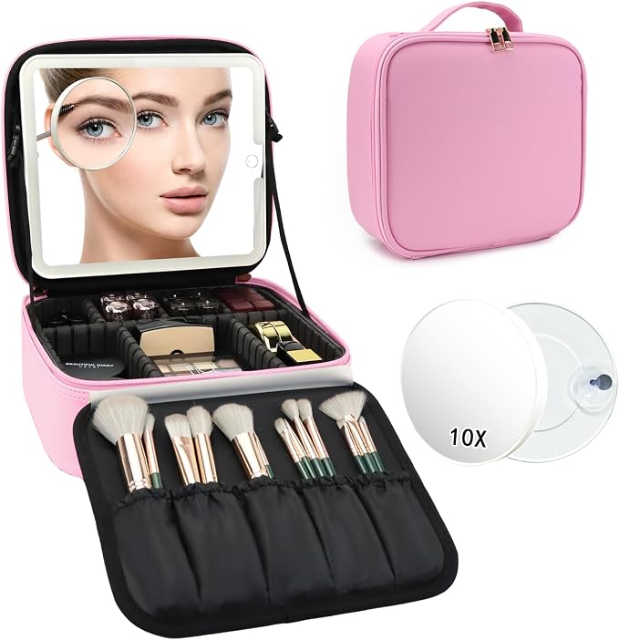 Travel Makeup Bag with LED Mirror and 10x magnifying glass with 3 Lighted - Image 9