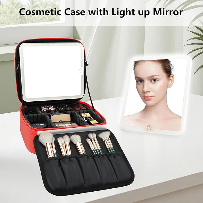 Travel Makeup Bag with LED Mirror Travel Makeup Organizer with 3 Lighted - Image 3