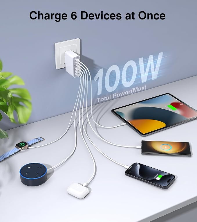USB C Wall Charger Block, 100W GaN 6-Port QC+PD3.0 Charging Station Type C Fast - Image 2