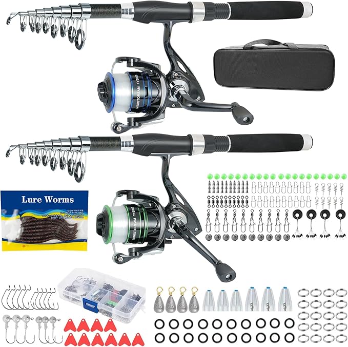Fishing Pole Combo, Spinning Reels 170Pcs Worm Lure Kit Texas-Rigs-for-Bass by Makefishingbeeasy