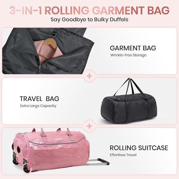 3-in-1 Rolling Garment Bags for Travel, Glitter Wheeled Carry-On Suit Luggage - Image 2