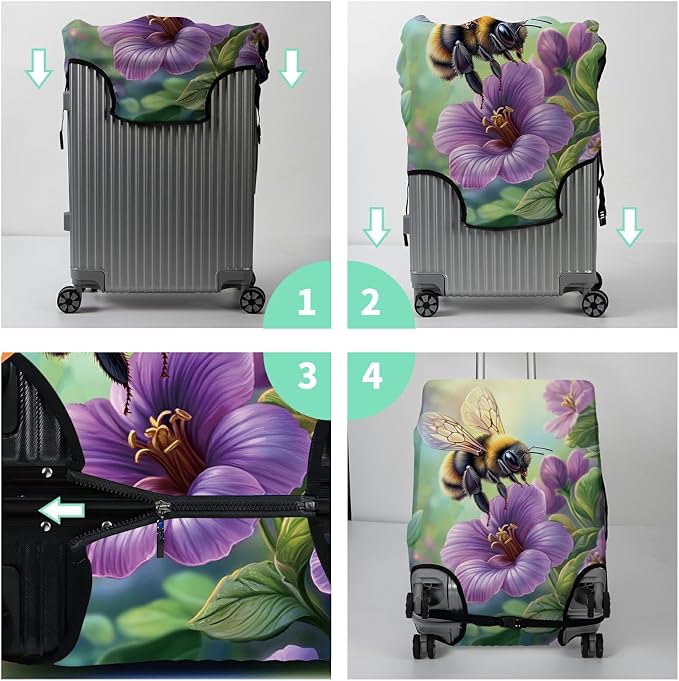 Luggage Cover + Tag, Bee Purple Flowers Travel Suitcase Cover - Image 7