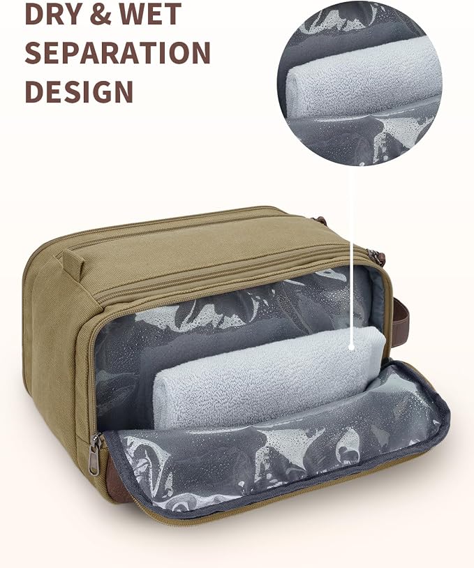 WANDF Toiletry Bag for Men Travel Toiletry Organizer Canvas and Leather Dopp - Image 2