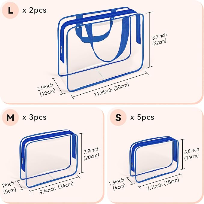 TISRATOK 10 PCS Clear Travel Makeup Toiletry Bag, Plastic PVC Cosmetic TSA - Image 2