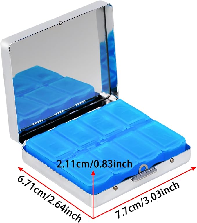 8‑Compartment Metal Pill Box Organizer – Portable Medicine Case 3″×2.6″ | - Image 3