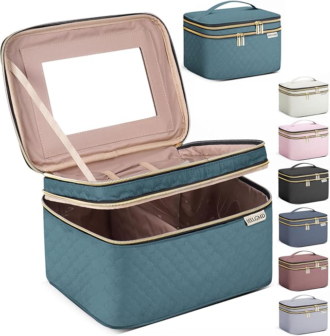 Large Makeup Bag with Mirror Double Layer Travel Make Up Organizer Case by HXLGMD