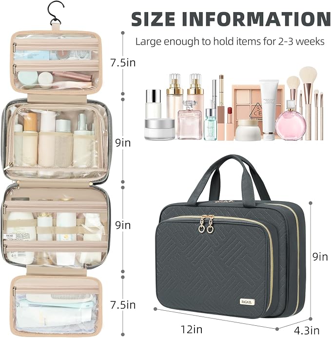 BAGAIL Hanging Toiletry Bag for Women Water-resistant Cosmetic Bag Large - Image 2