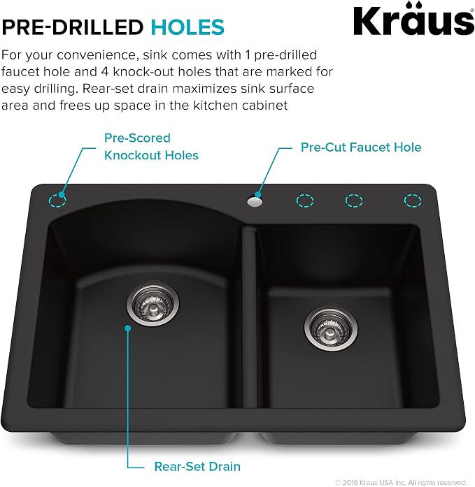 KRAUS Forteza™ 33” Dual Mount 60/40 Double Bowl Granite Kitchen Sink in Black - Image 5